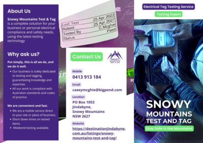 Snowy Mountains Test & Tag is a complete solution for your business or personal electrical compliance and safety needs, using the latest testing technology