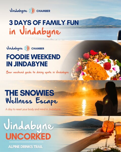 Aerial view of Jindabyne beside Lake Jindabyne with the text “Find Your Kind of Jindabyne” and Jindabyne Chamber logo.