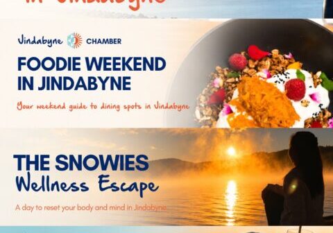 Aerial view of Jindabyne beside Lake Jindabyne with the text “Find Your Kind of Jindabyne” and Jindabyne Chamber logo.